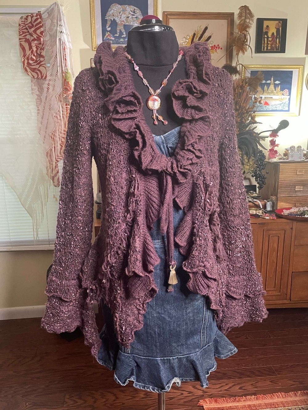 Pretty Angel Ruffled Open-Front Cardigan — Plum